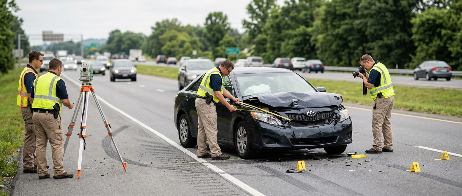 Accident scene on multi-lane highway showing vehicle with severe frontal impact damage for injury investigation.