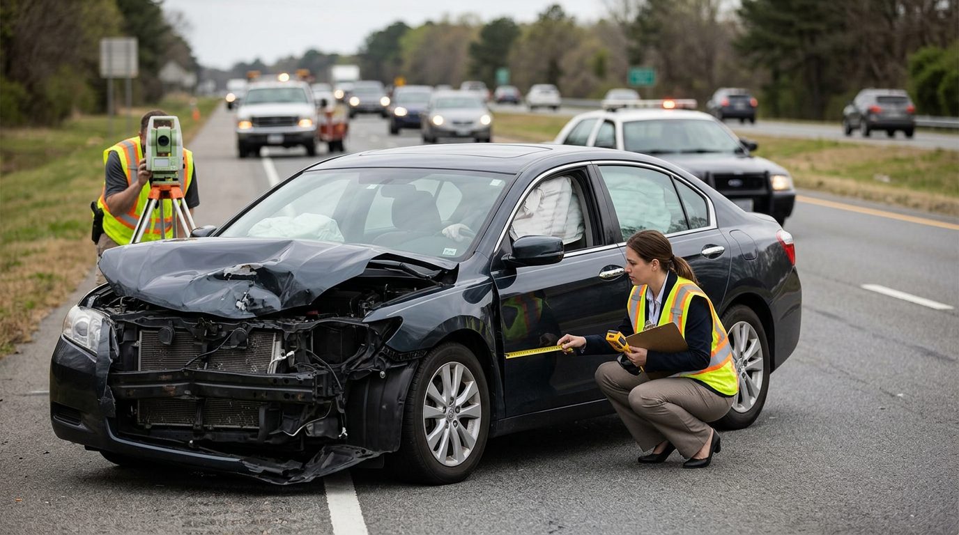 Accident scene on multi-lane highway with severely damaged vehicle and investigators documenting impact damage.