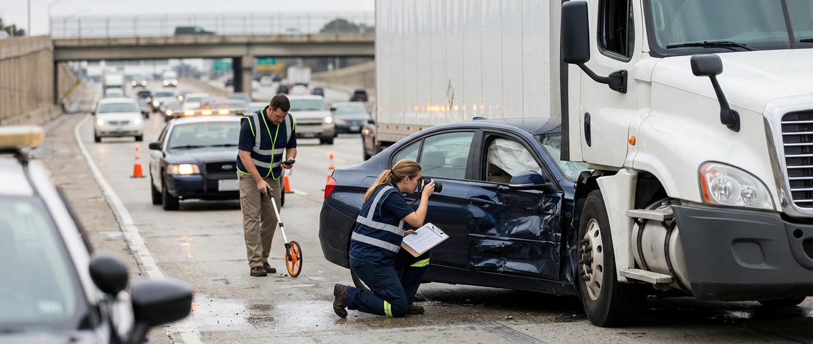 Car accident investigation scene with commercial vehicle and passenger car on highway, investigators documenting impact.