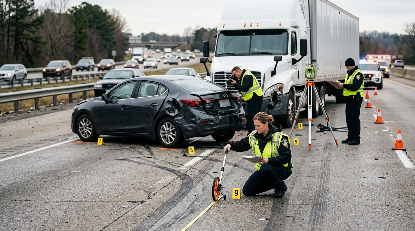 Car accident scene on highway with investigators documenting vehicle damage and positioning.
