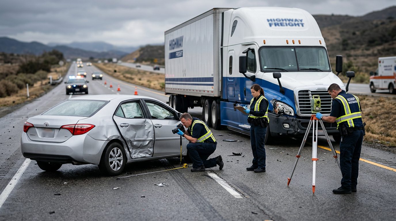 Car accident scene on highway with investigators documenting vehicle damage and positioning.
