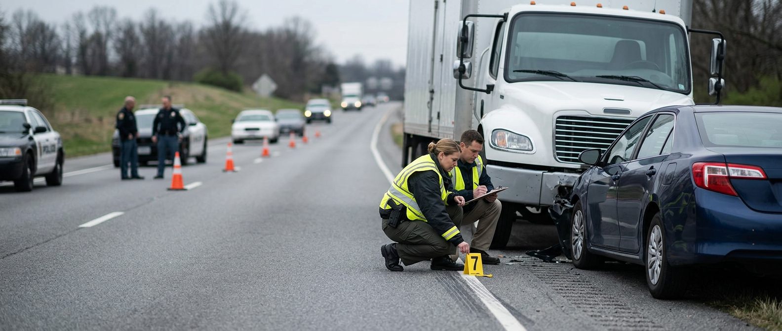 Car accident scene with commercial vehicle and passenger car; investigators documenting impact and road conditions.