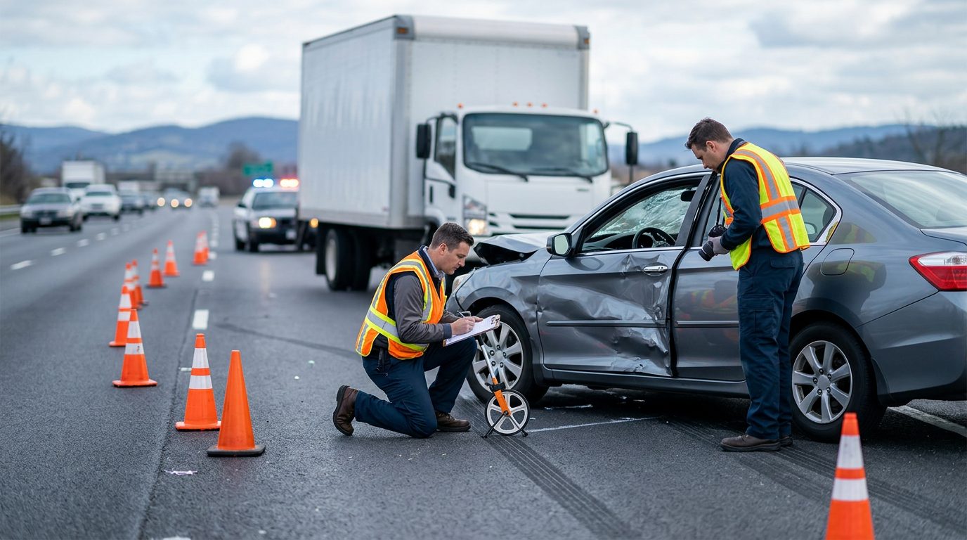 Car accident scene with investigators examining vehicle damage and positioning on highway.