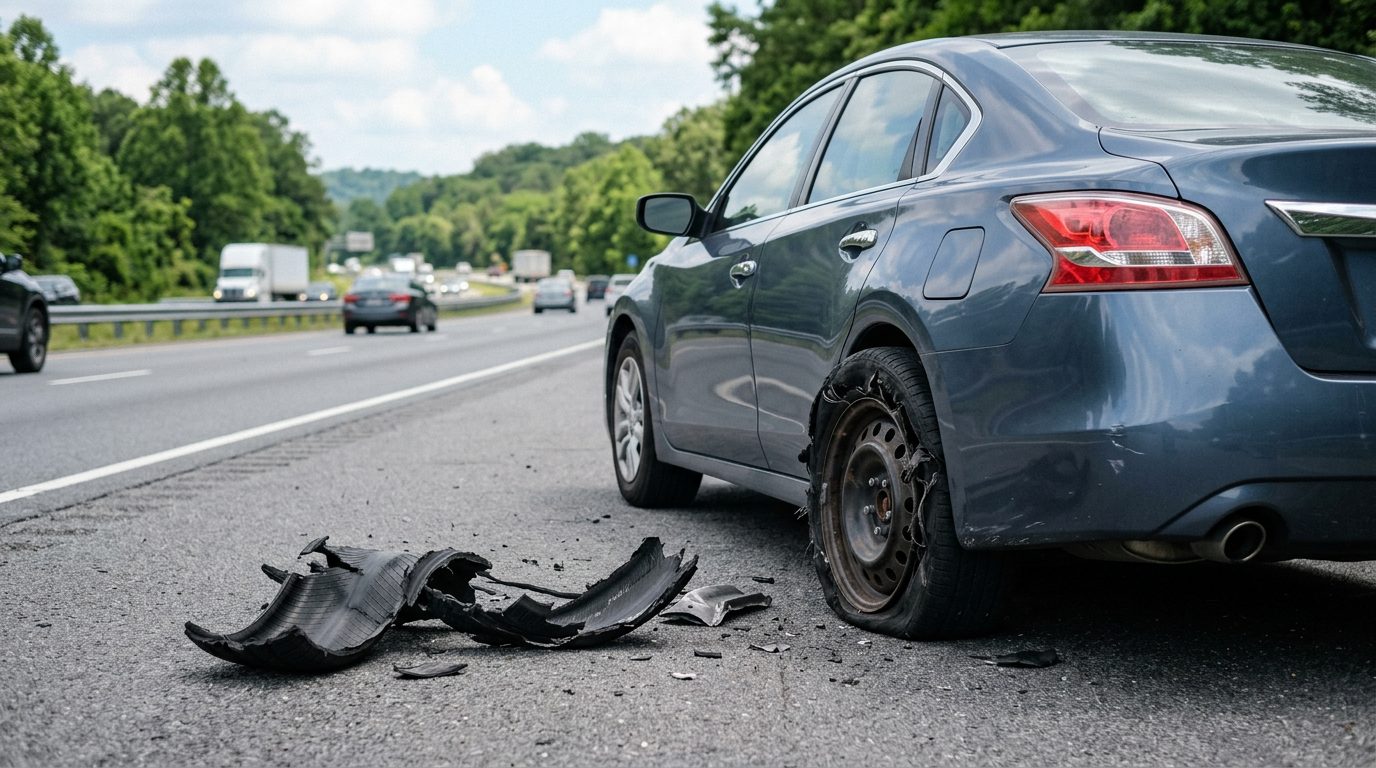 Close-up of a worn tire with a blown-out tread on the shoulder of a paved road.