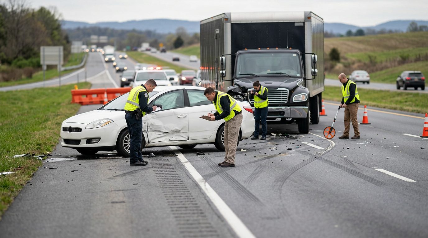 Commercial vehicle accident scene on highway with investigators documenting vehicle damage and positioning.