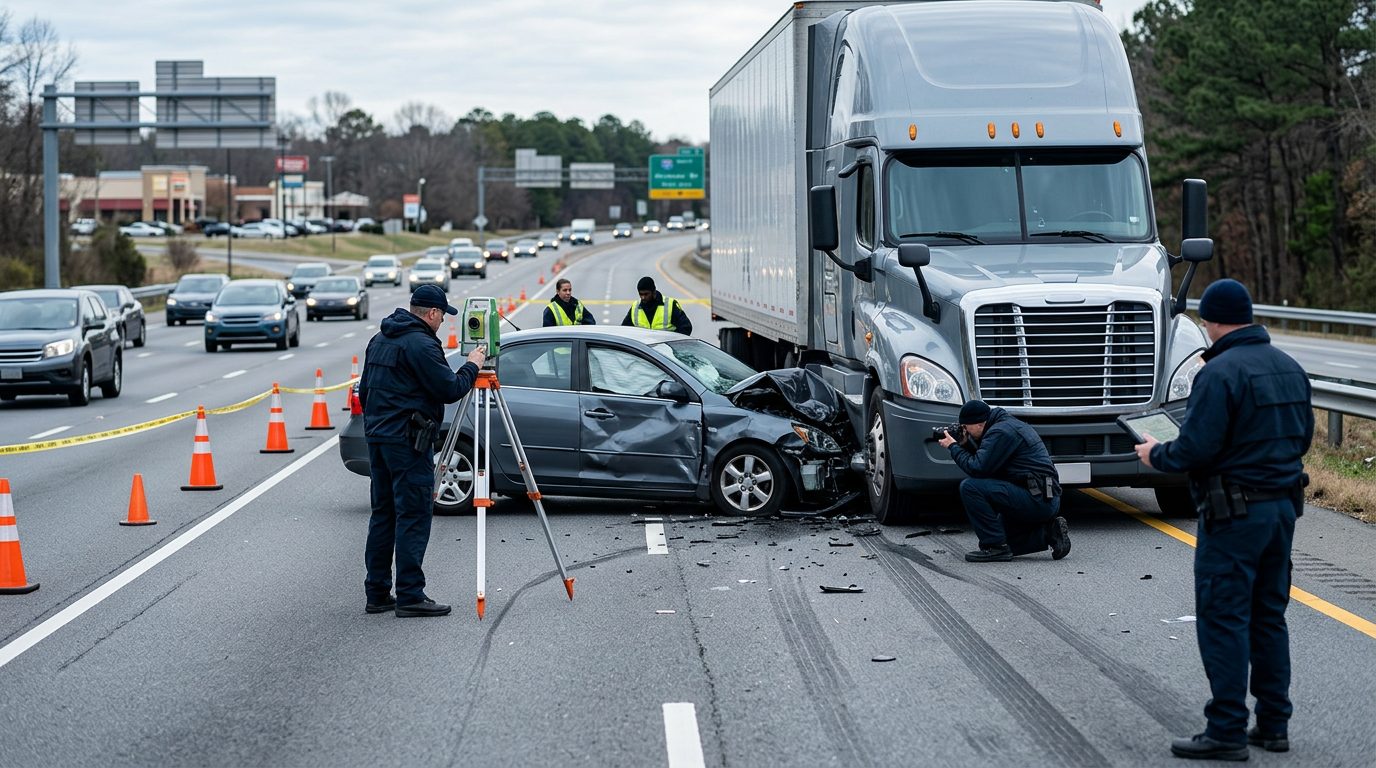 Commercial vehicle accident scene on multi-lane highway with investigators documenting vehicle positioning and impact damage.