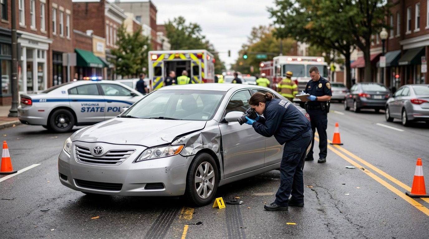 Emergency responders and investigators document damaged vehicles at a traffic accident scene on a city street.