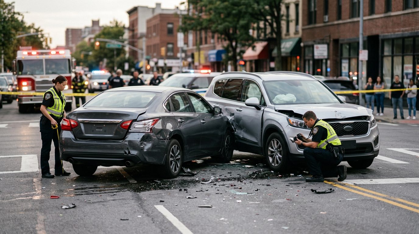 Emergency responders and investigators document damaged vehicles at a traffic accident scene on a city street.