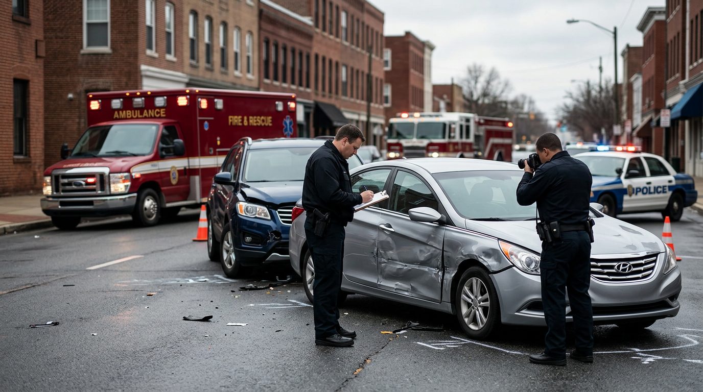 Emergency responders and investigators document vehicle damage at a traffic accident on a city street.