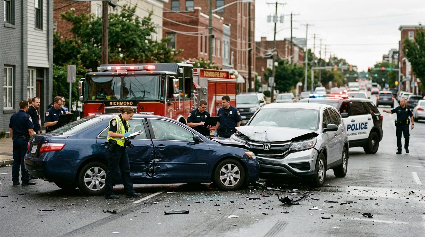 Emergency responders and investigators document vehicle damage at a traffic accident on a city street.