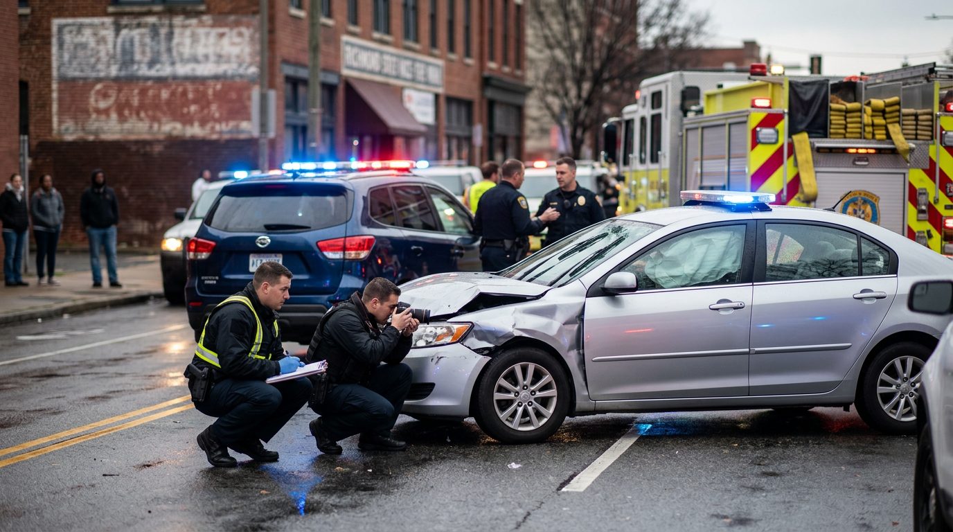 Emergency responders and investigators documenting damaged vehicles at a traffic accident on a city street.