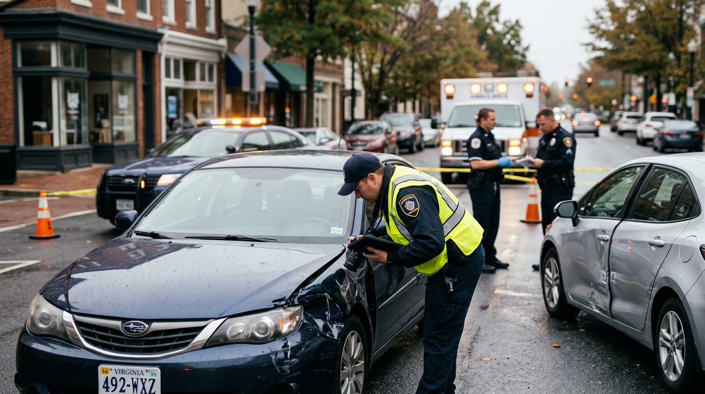 Emergency responders and investigators documenting vehicle damage at a traffic accident on a city street.