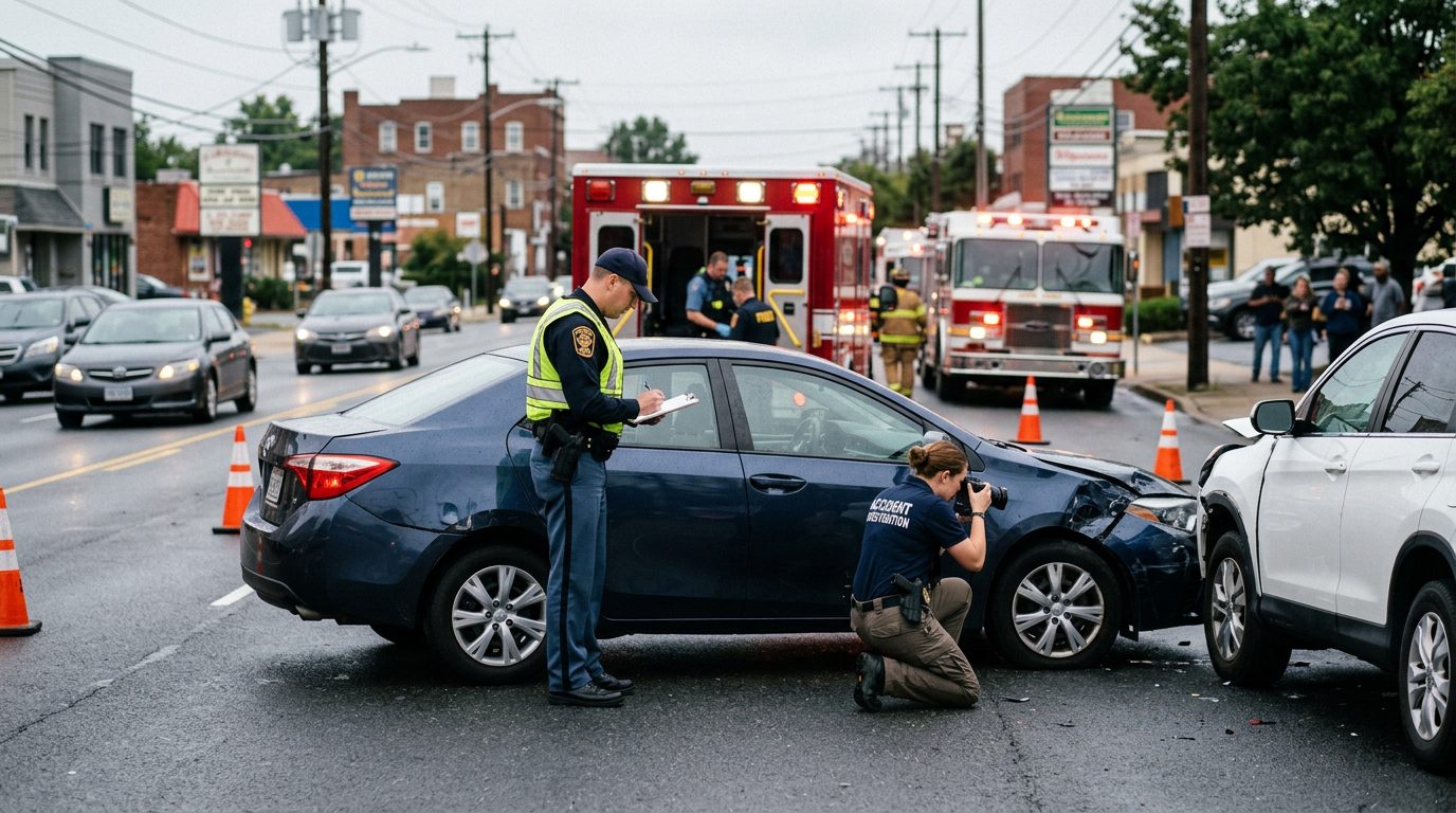Emergency responders and investigators examine damaged vehicles at a city street crash scene.