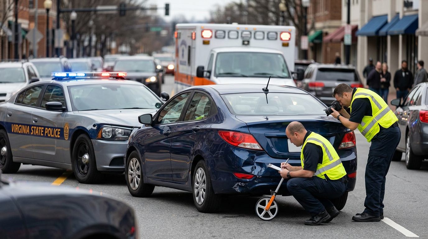 Emergency responders and investigators examine rear-end collision damage to vehicles on a city street.