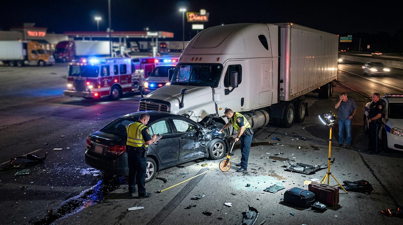 Emergency responders document a collision between a commercial truck and another vehicle at night under work lights.