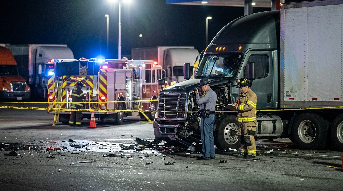 Emergency responders document a nighttime commercial truck collision under work lights at a truck stop.