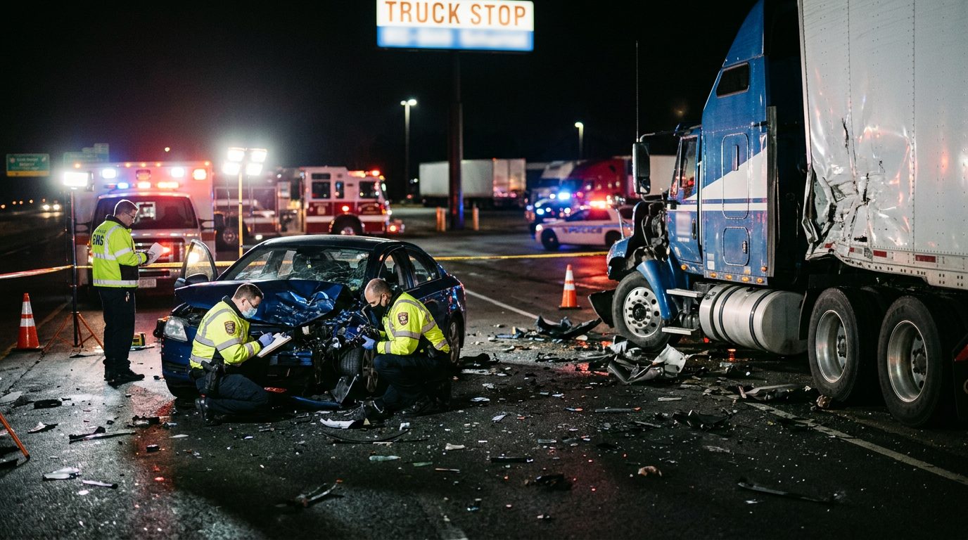 Emergency responders document a nighttime commercial truck collision, with wreckage and debris under work lights.