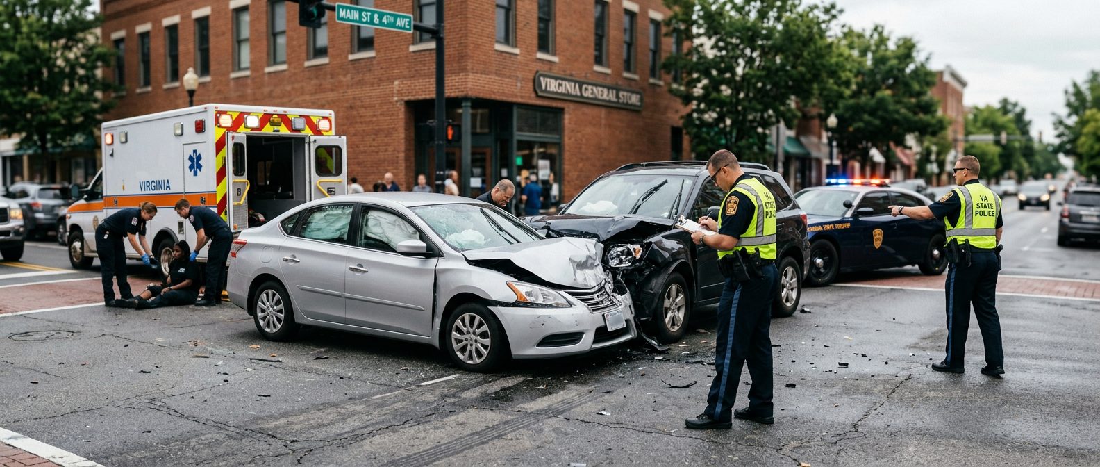 Emergency vehicles and investigators at a car accident scene on a city street documenting vehicle damage.