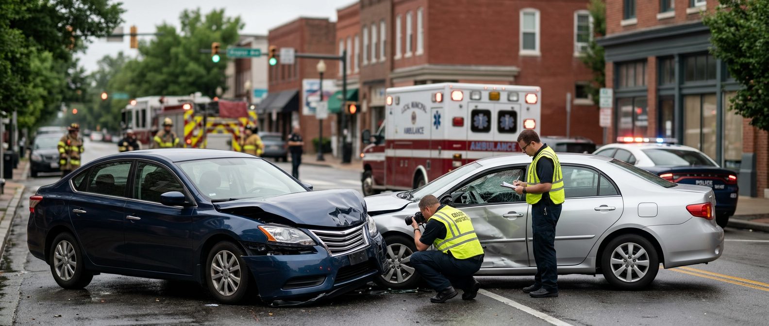Emergency vehicles and investigators at a car accident scene on a city street with vehicle damage.