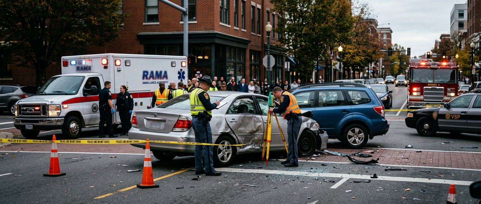 Emergency vehicles and investigators at a car accident scene on a city street.