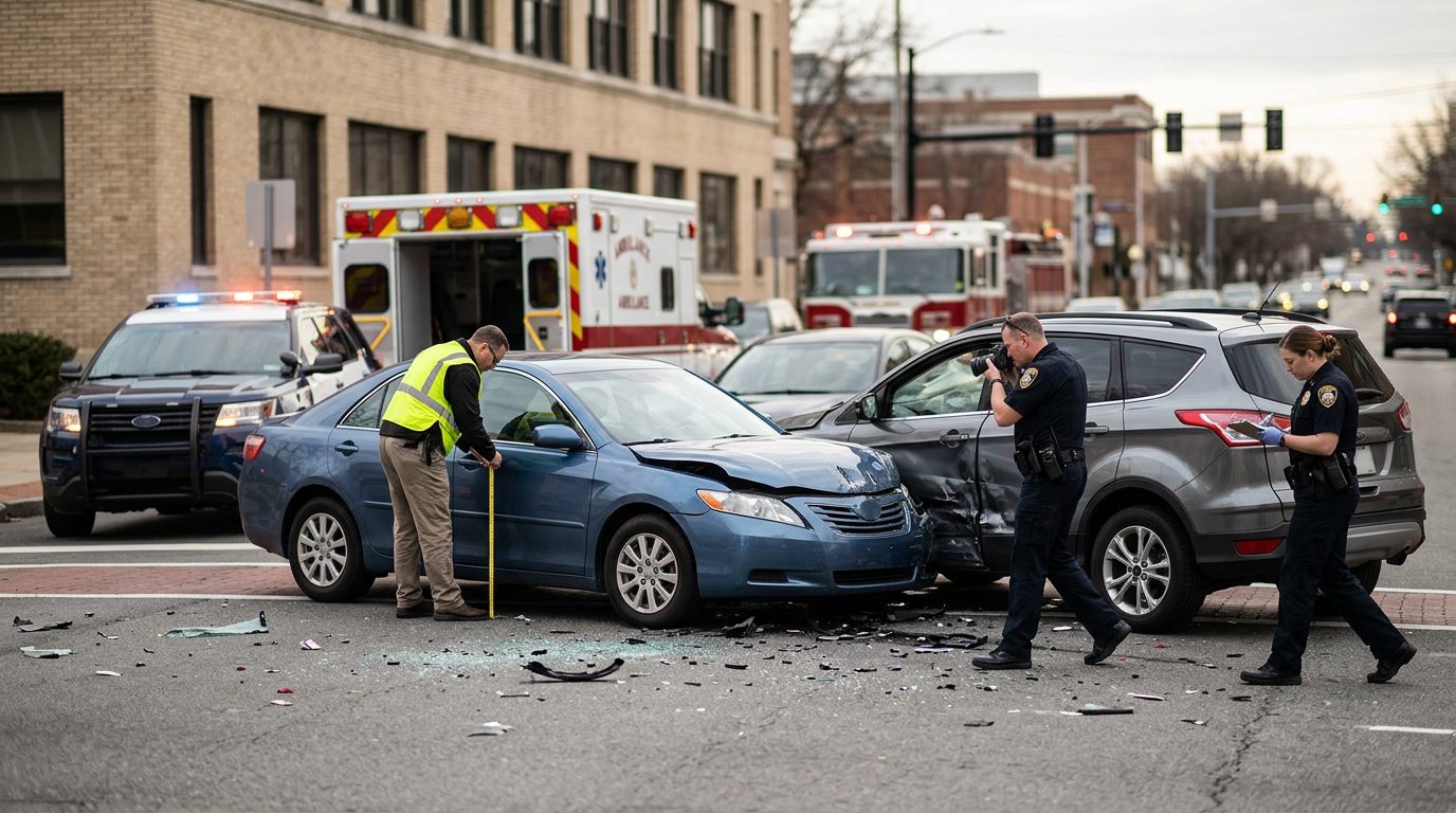 Emergency vehicles and investigators at a car accident scene on a city street.