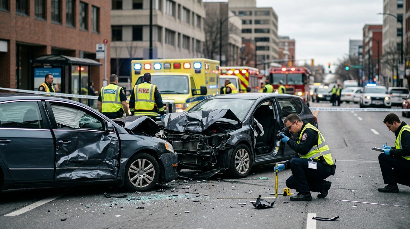 Emergency vehicles and investigators at a car accident scene documenting vehicle damage.