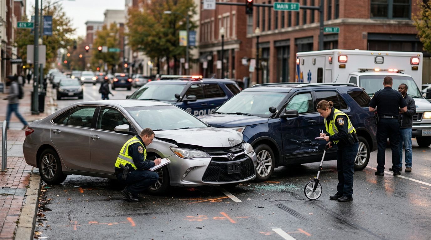 Emergency vehicles and investigators at a car accident scene on a city street documenting vehicle damage.