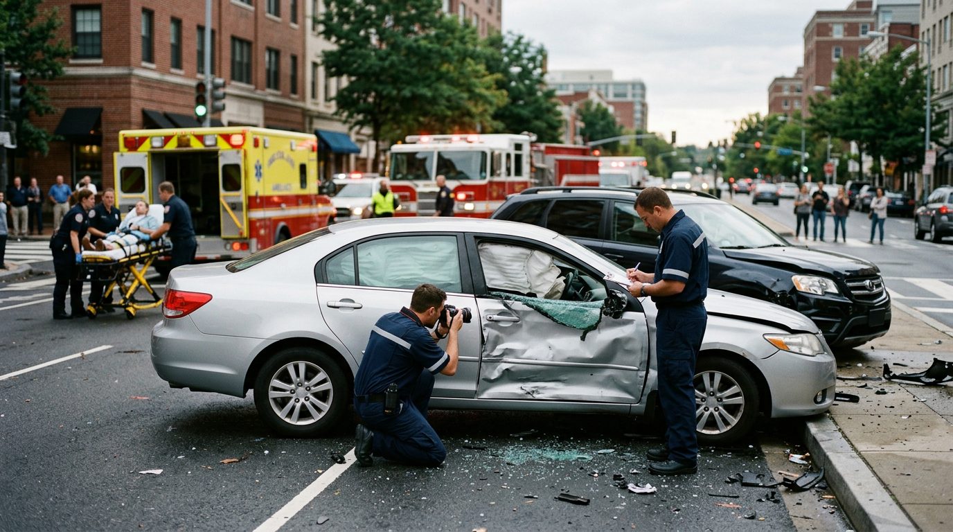 Emergency vehicles and investigators at a car accident scene on a city street documenting vehicle damage.