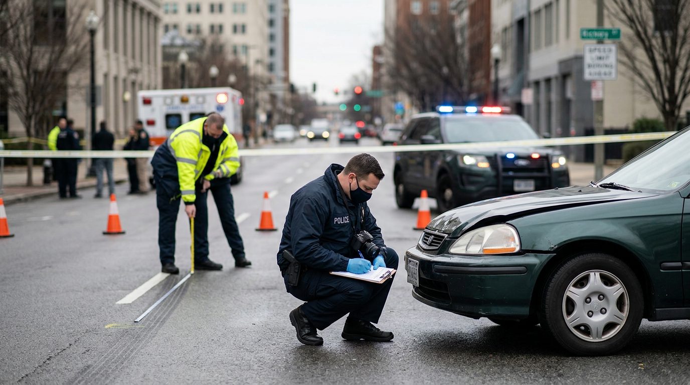Emergency vehicles and investigators at a fatal car accident scene on a city street.