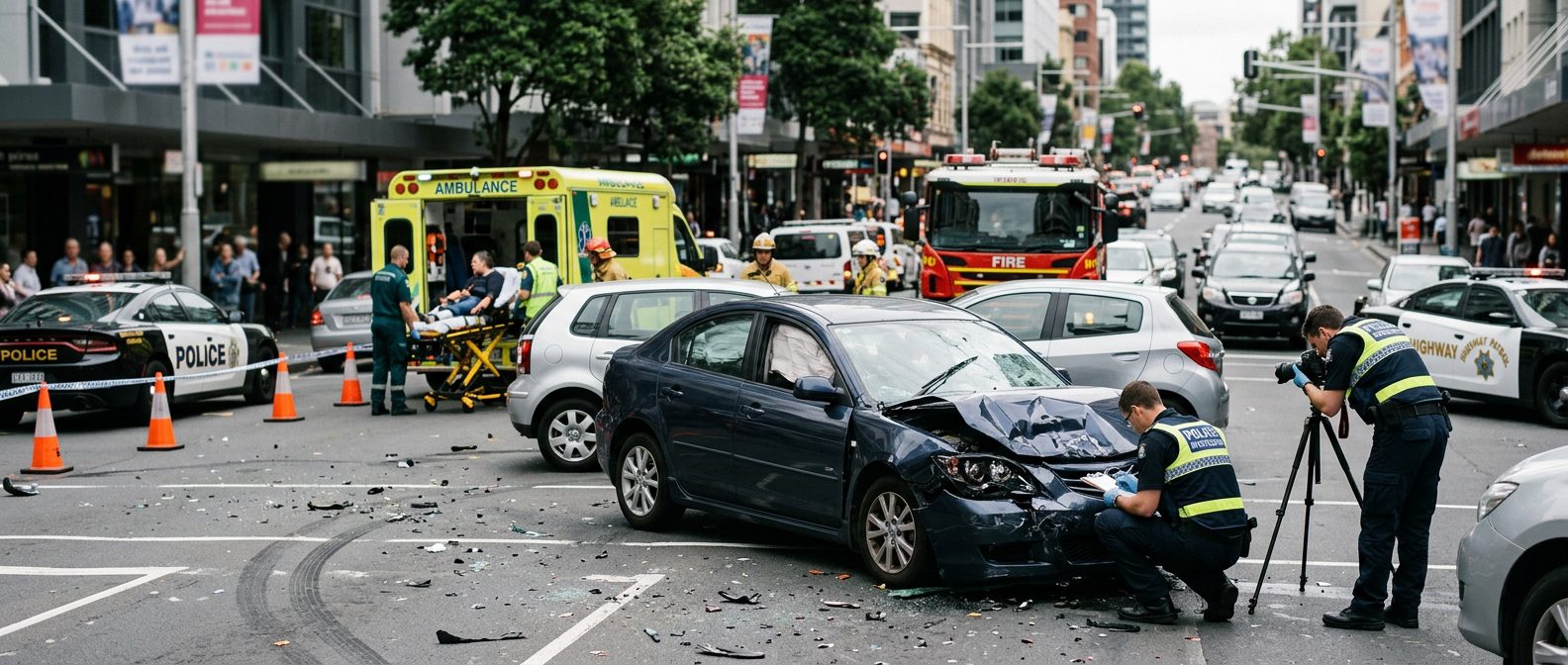 Emergency vehicles and investigators at a multi-vehicle accident scene on a city street.