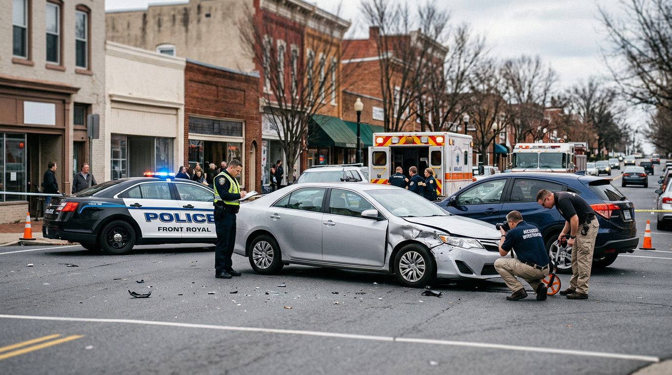 Emergency vehicles and investigators at a traffic accident scene documenting vehicle damage.