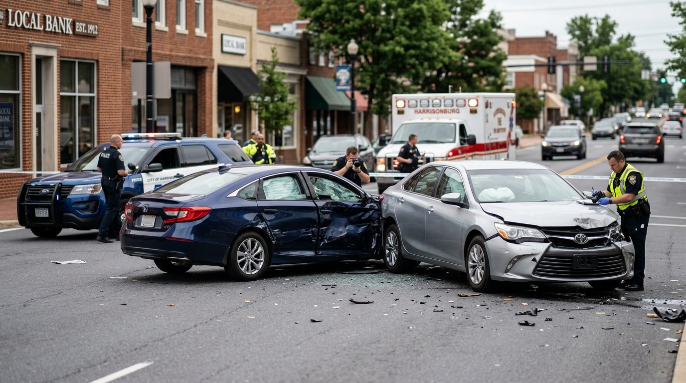 Emergency vehicles and investigators at a traffic accident scene documenting vehicle damage.