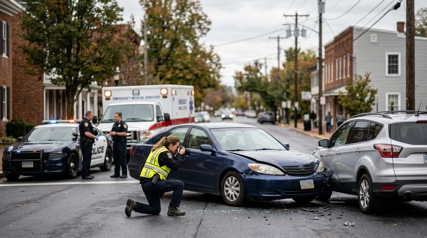 Emergency vehicles and investigators at accident scene documenting vehicle damage on city street.