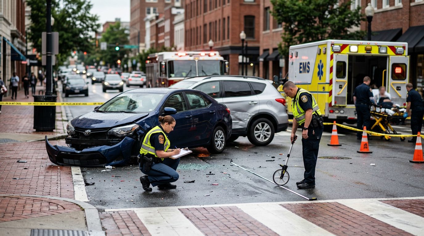 Emergency vehicles and investigators document damage at a traffic accident scene on a city street.