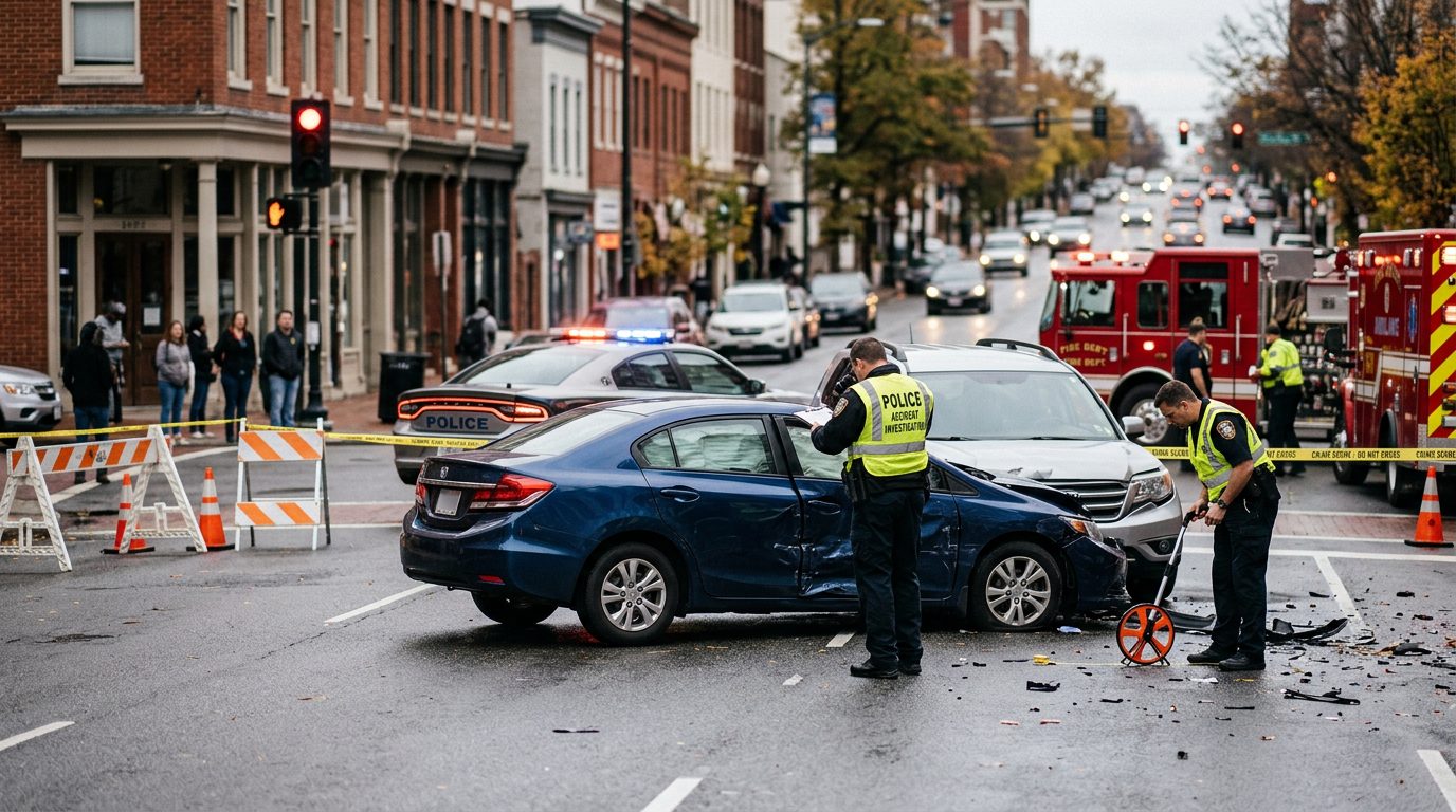 Emergency vehicles and investigators document damage to cars at a traffic accident on a city street.