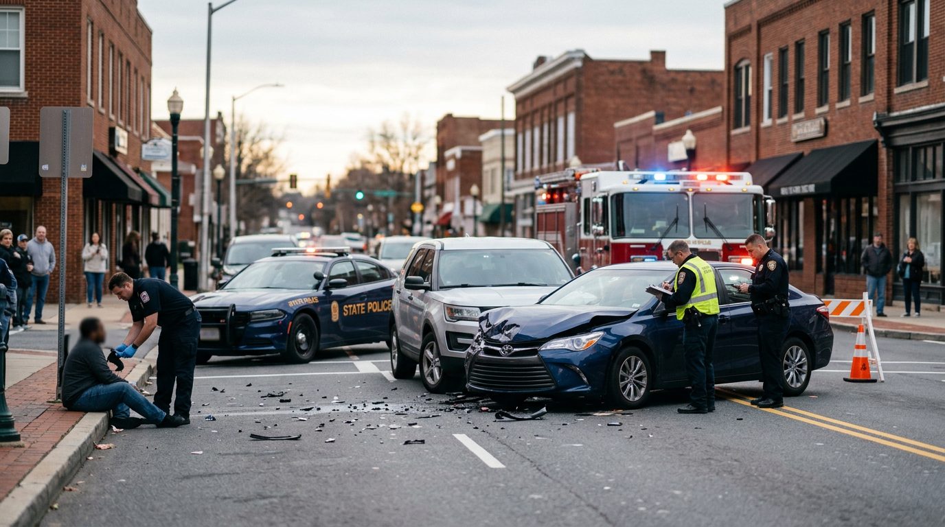 Emergency vehicles and investigators document damage to cars at a traffic accident scene on a city street.