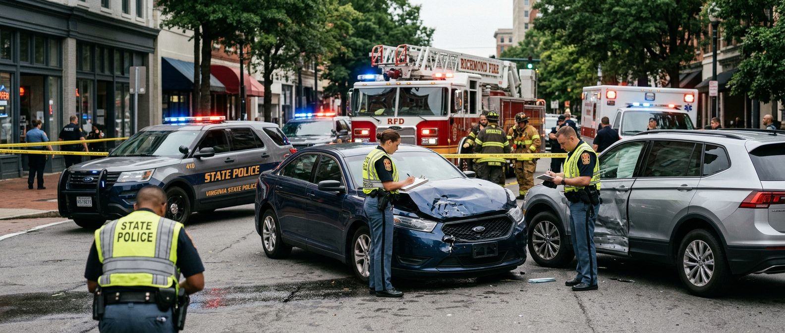 Emergency vehicles and investigators document damage to cars at a traffic accident scene on a city street.