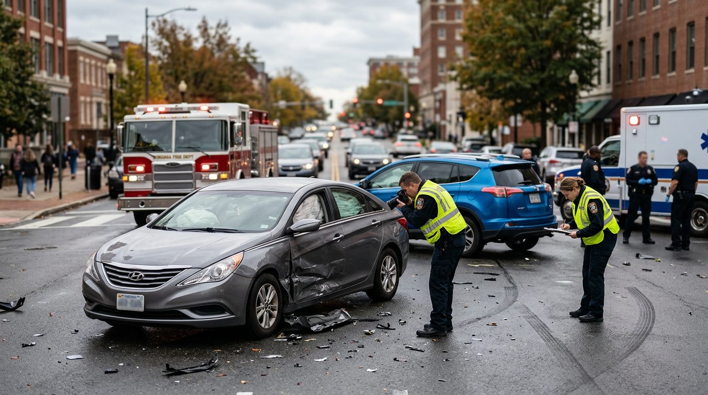 Emergency vehicles and investigators document damage to vehicles at a city street traffic accident scene.