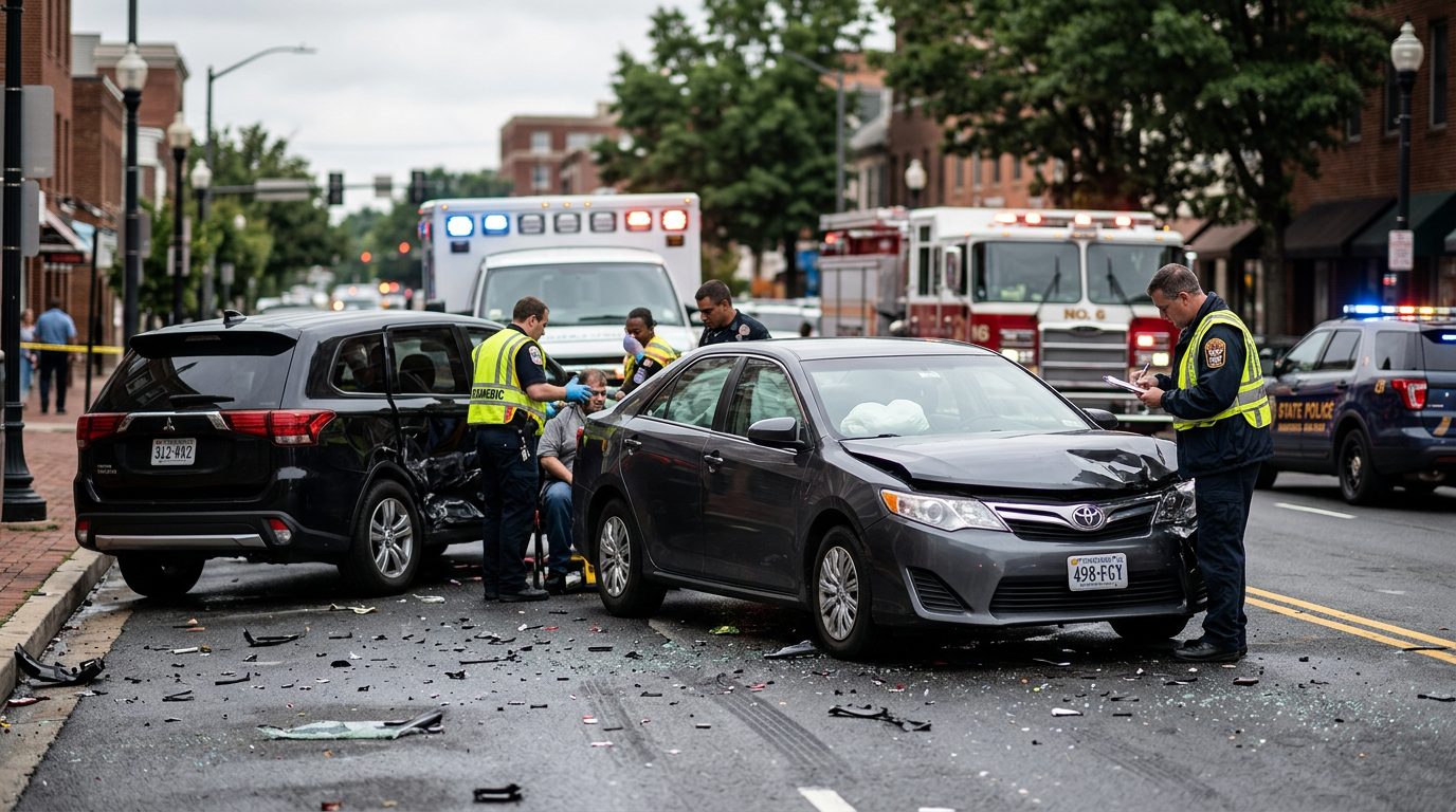 Emergency vehicles and investigators document damage to vehicles at a traffic accident on a city street.