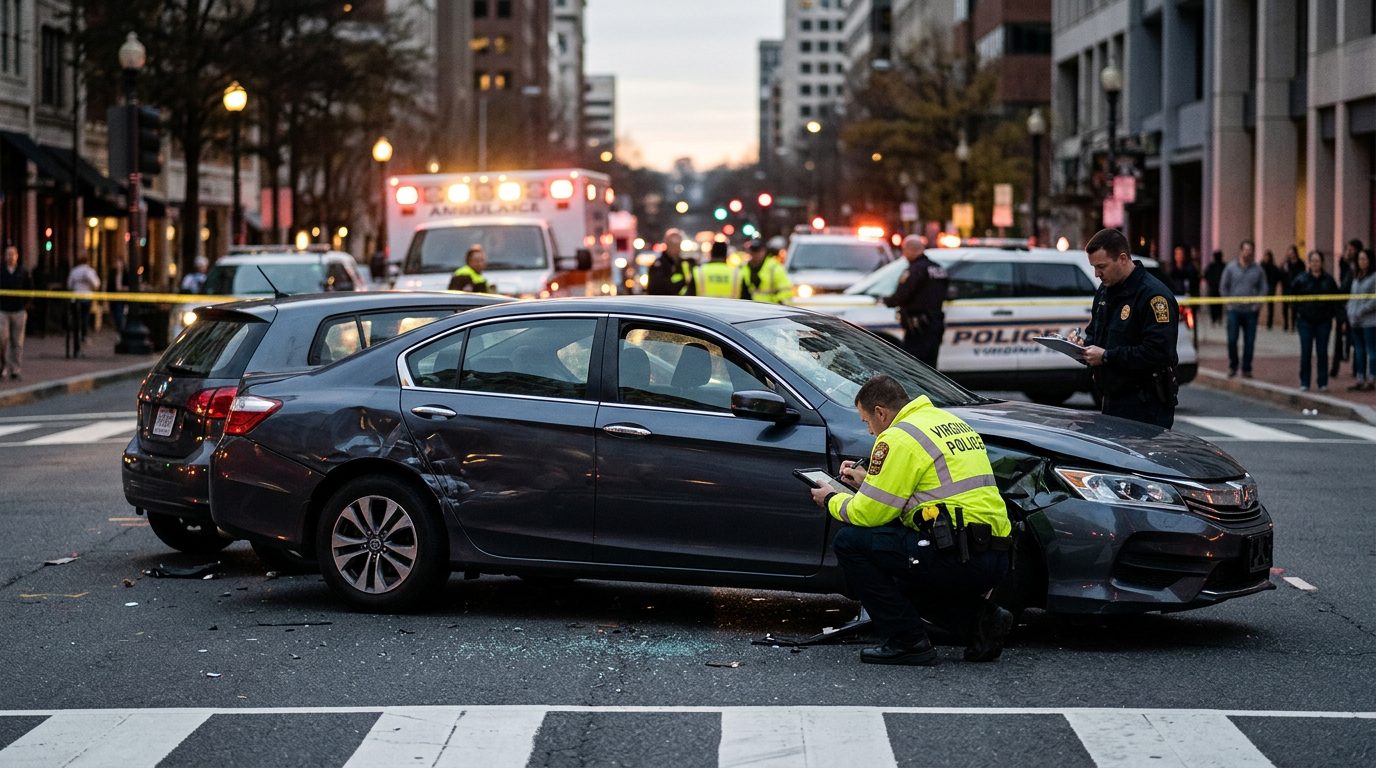 Emergency vehicles and investigators document damaged cars at a traffic accident on a city street.