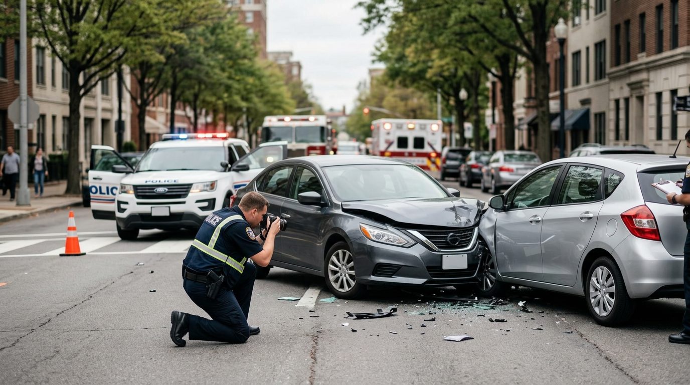 Emergency vehicles and investigators document vehicle damage at a traffic accident on a city street.
