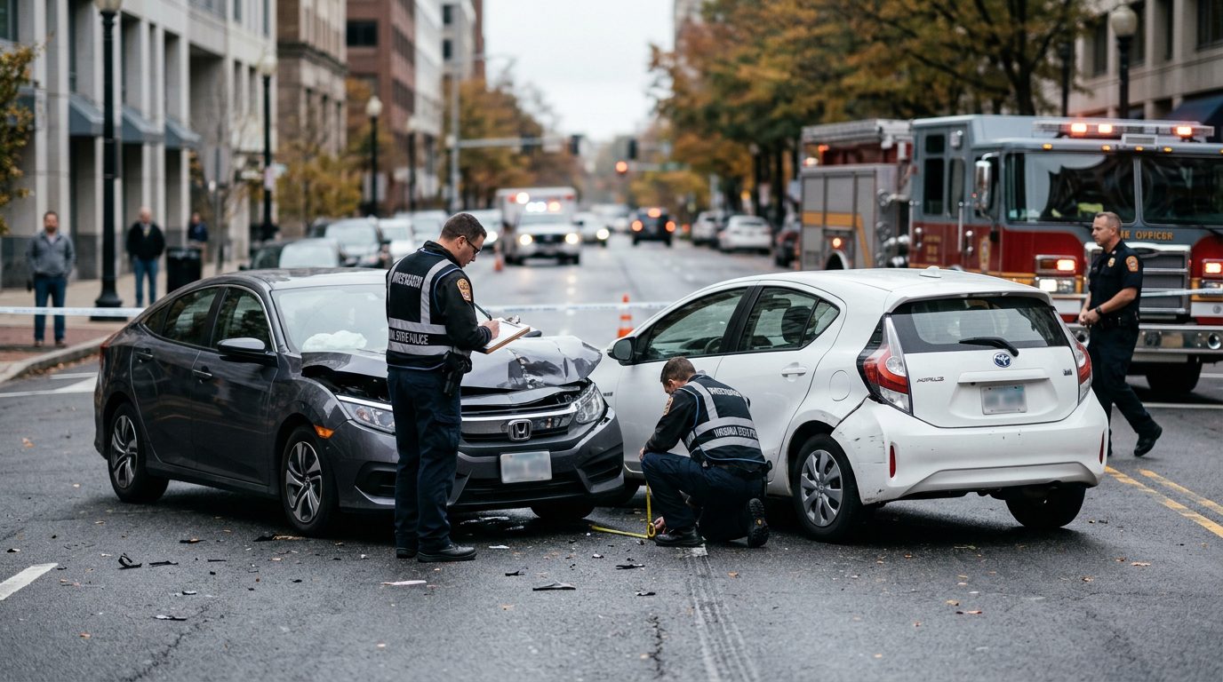 Emergency vehicles and investigators document vehicle damage at a traffic accident on a city street.