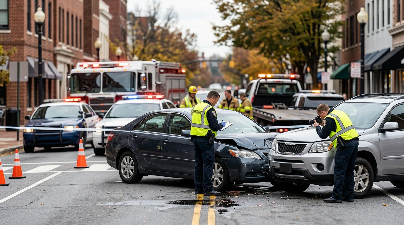 Emergency vehicles and investigators document vehicle damage at a traffic accident on a city street.