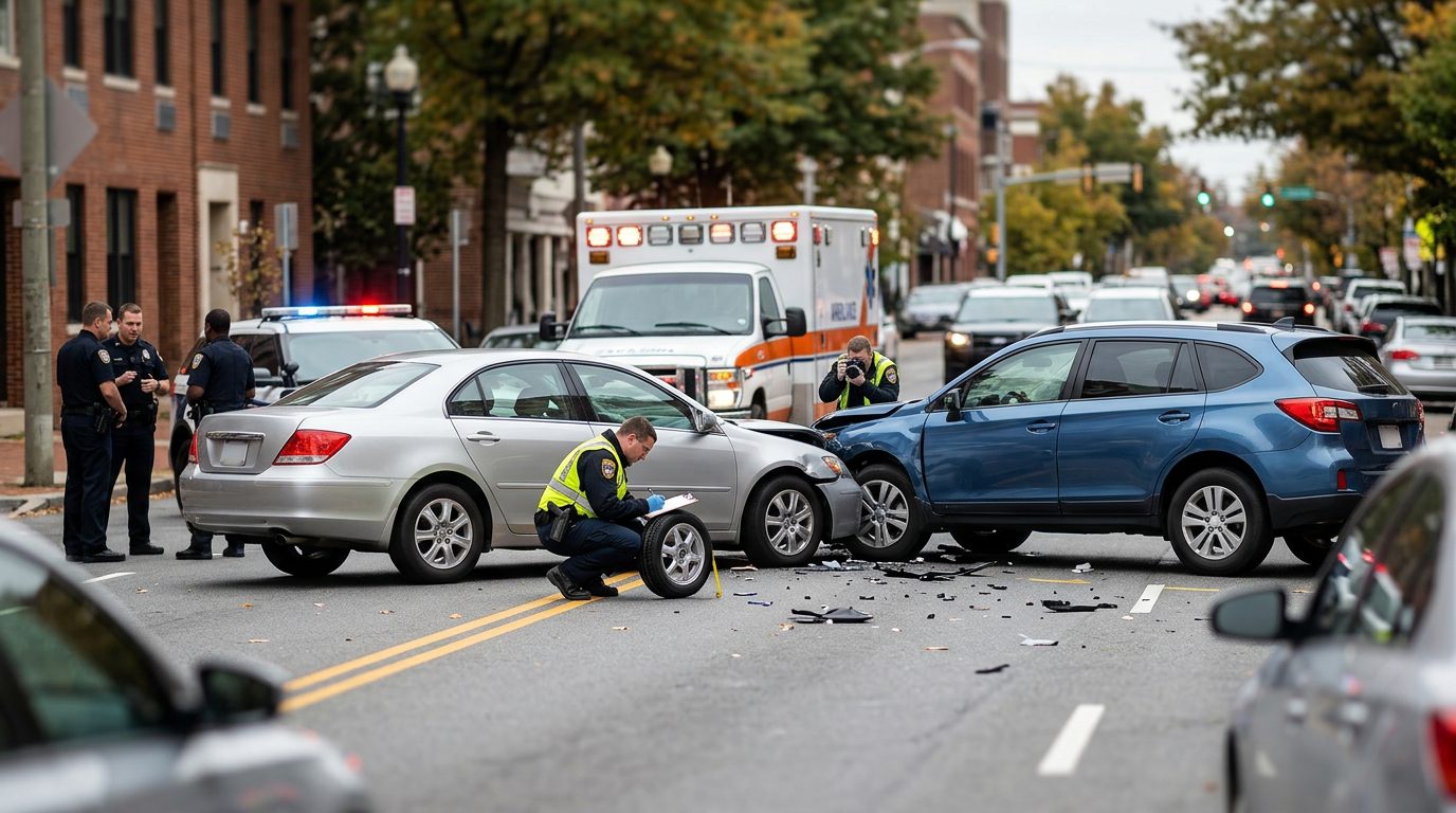 Emergency vehicles and investigators document vehicle damage at a traffic accident scene on a city street.