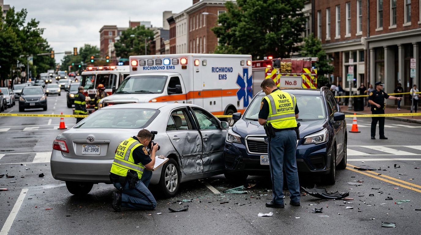 Emergency vehicles and investigators document vehicle damage at a traffic accident on a city street.