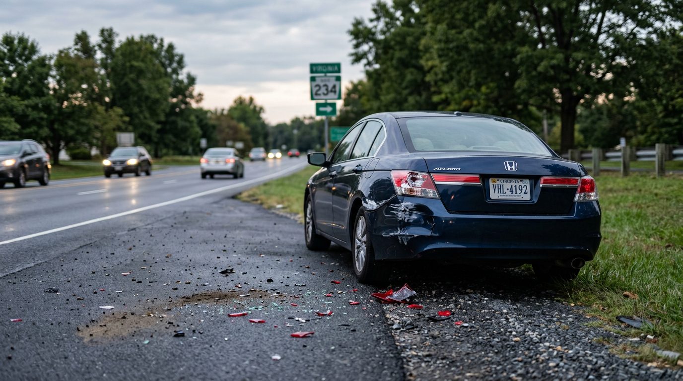 Empty two-lane road at dusk with faint skid marks on the asphalt and a streetlight beside the shoulder.