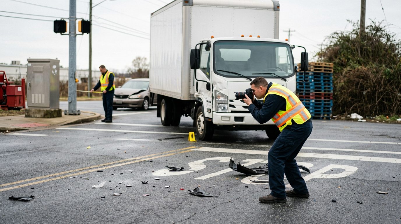 Industrial intersection accident scene with delivery truck, investigators documenting sight lines and vehicle damage for wrongful death investigation.