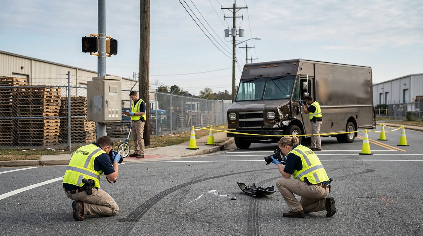 Industrial intersection accident scene with delivery truck, investigators documenting evidence for wrongful death claim.
