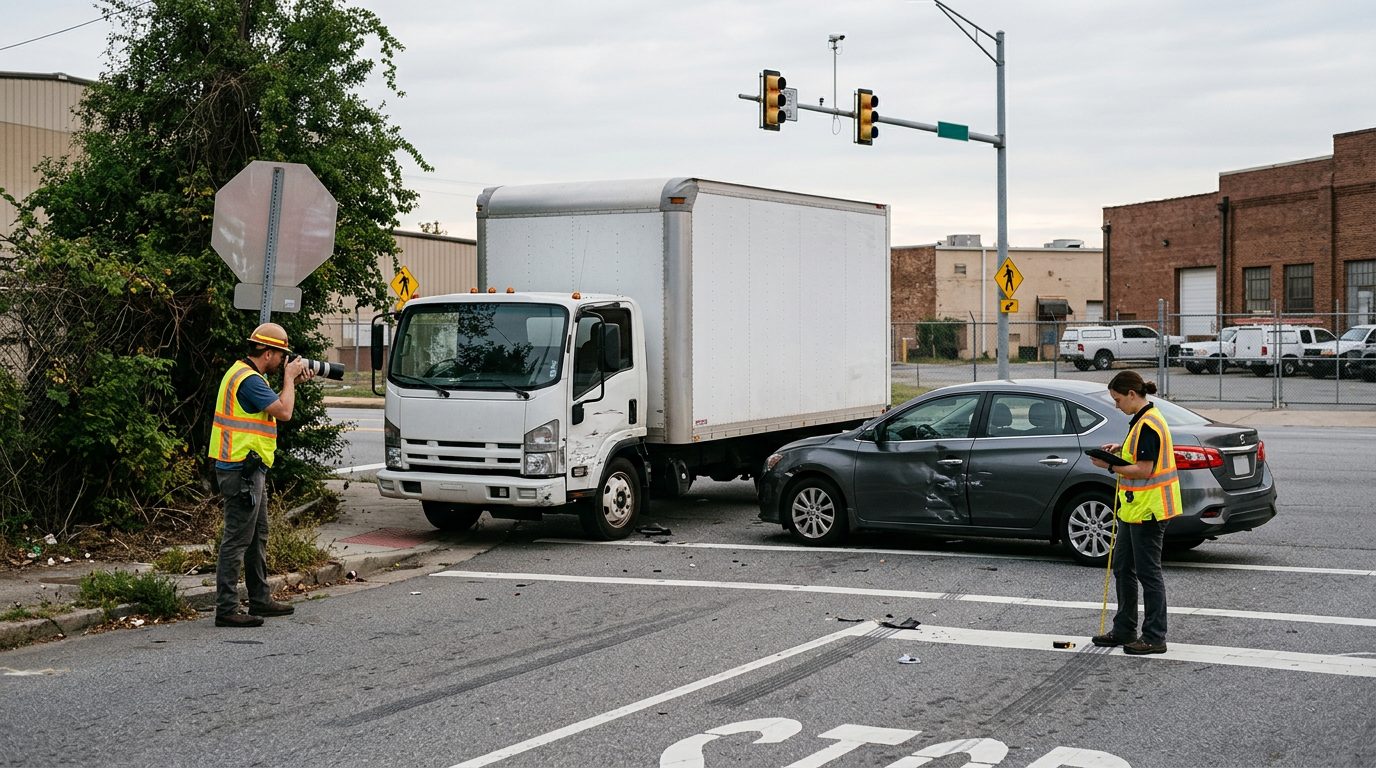 Industrial intersection accident scene with delivery truck, investigators documenting sight lines and vehicle damage for wrongful death investigation.