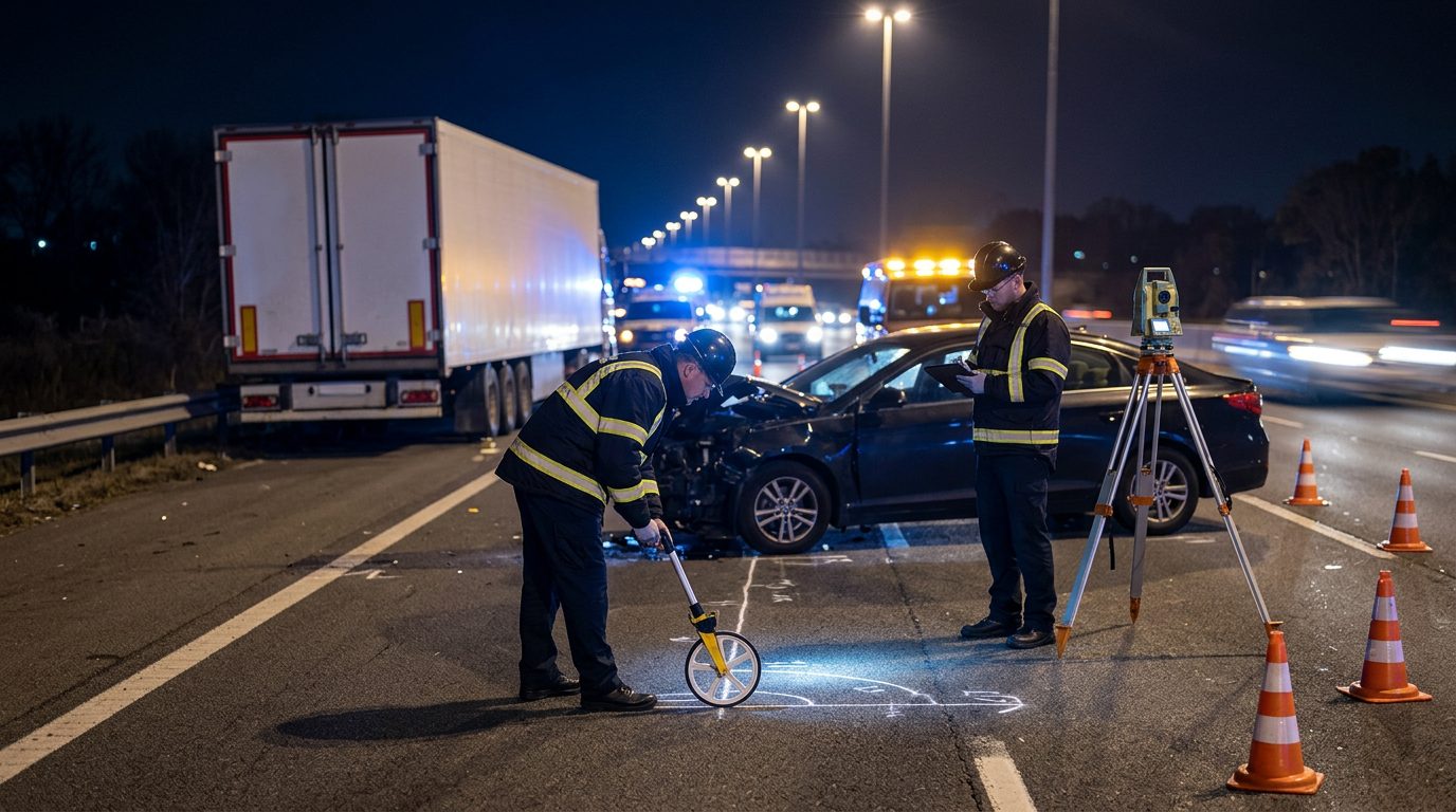 Investigators at night measure a crash scene on a multi-lane highway where a truck struck a passenger car.